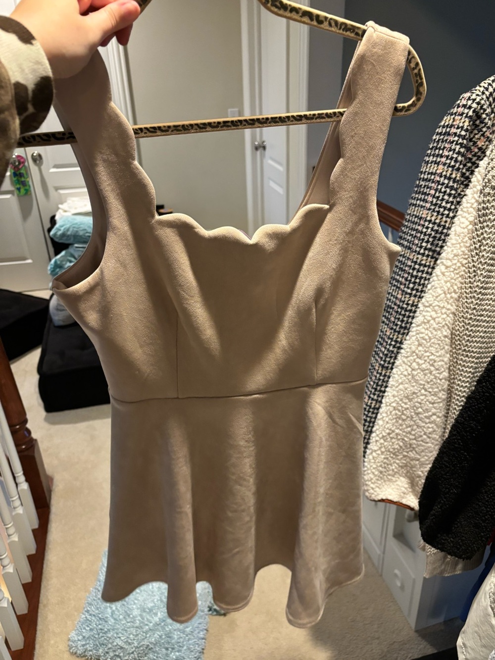 Scalloped Neck Beige Faux Suede Skater Dress